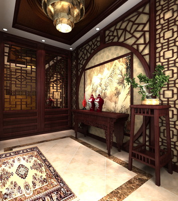 中式别墅室内装修玄 国画背景墙装修设计案例